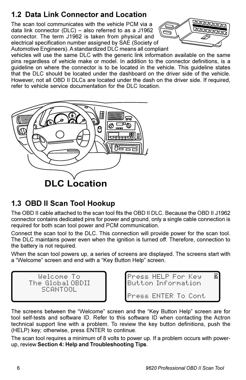 Dlc location, 2 data link connector and location, 3 obd ii scan tool hookup | Actron KAL9620A User Manual | Page 6 / 36