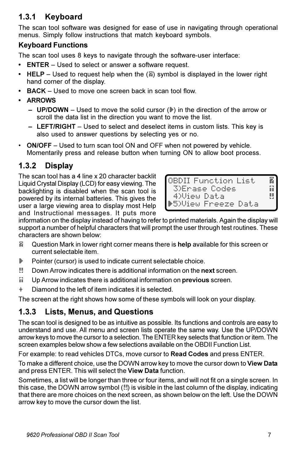 1 keyboard, 2 display, 3 lists, menus, and questions | Actron KAL9620A User Manual | Page 7 / 36