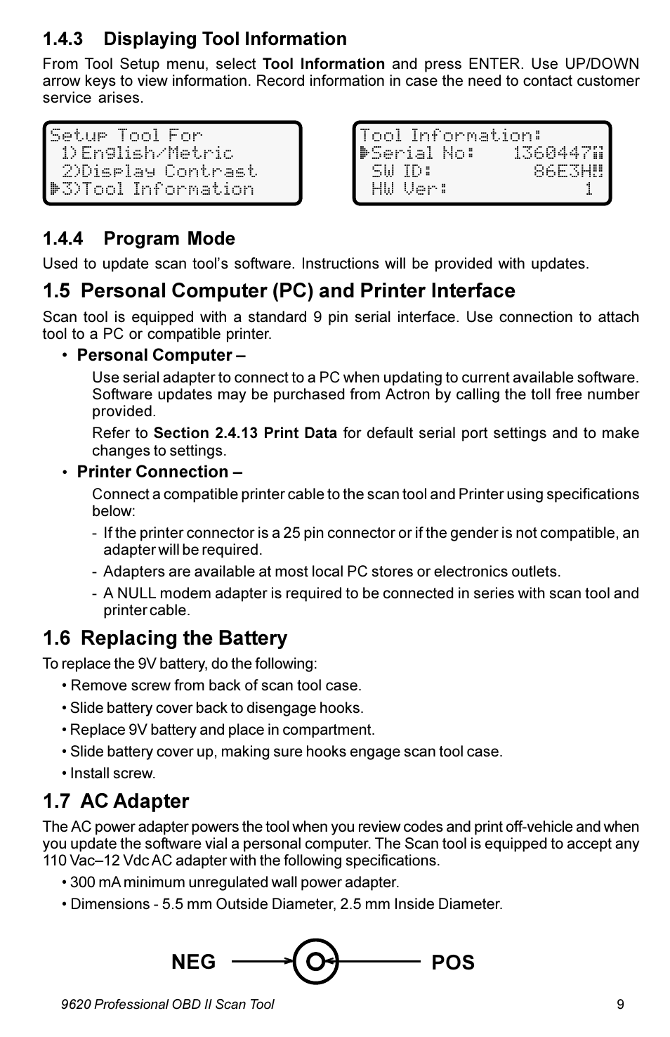 5 personal computer (pc) and printer interface, 6 replacing the battery, 7 ac adapter | Pos neg | Actron KAL9620A User Manual | Page 9 / 36