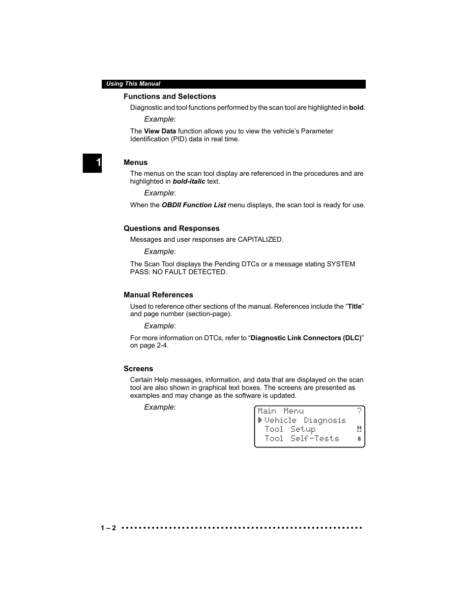 Functions and selections, Menus, Questions and responses | Manual references, Screens | Actron KAL9640B User Manual | Page 10 / 144