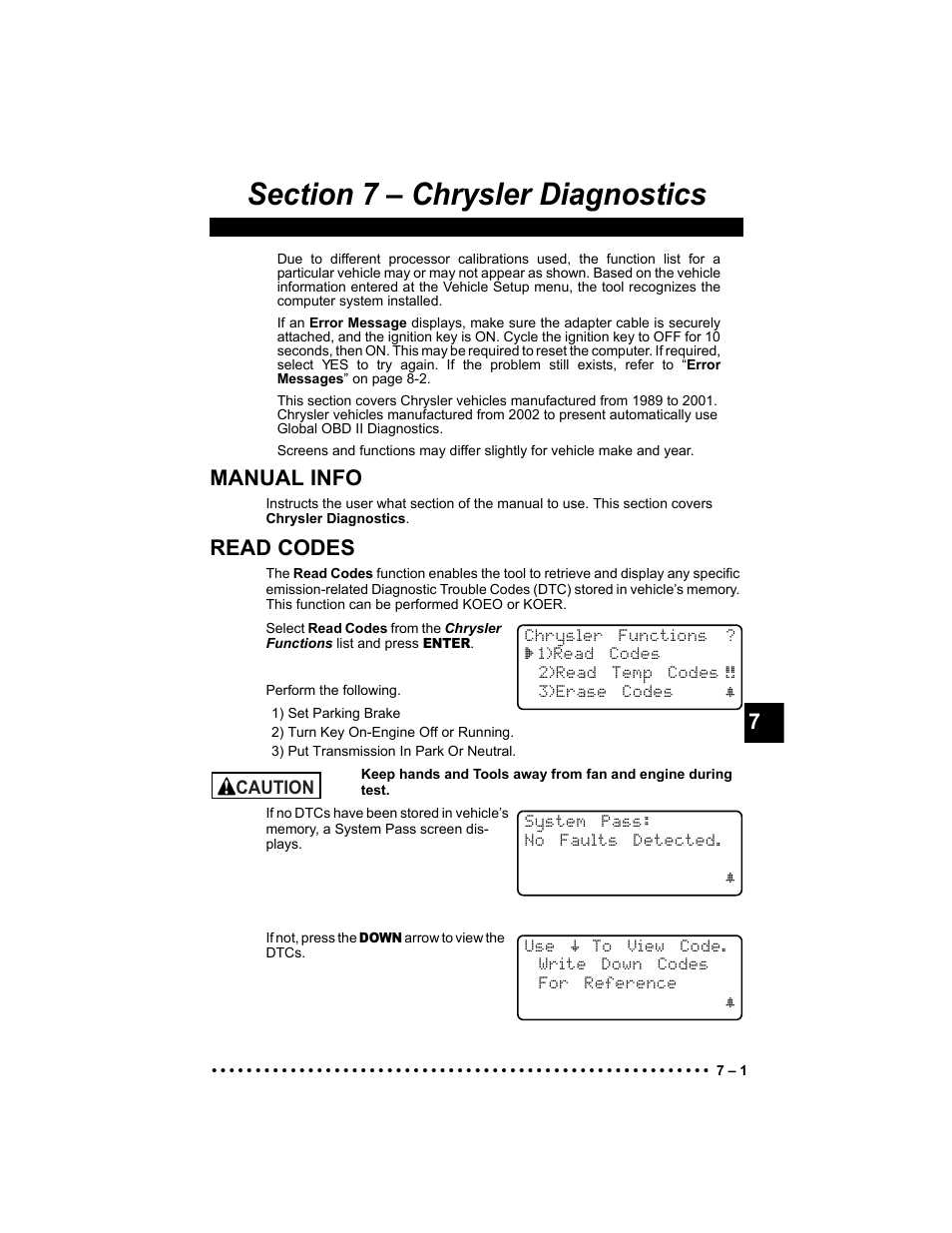 Section 7 - chrysler diagnostics, Manual info, Read codes | Actron KAL9640B User Manual | Page 107 / 144