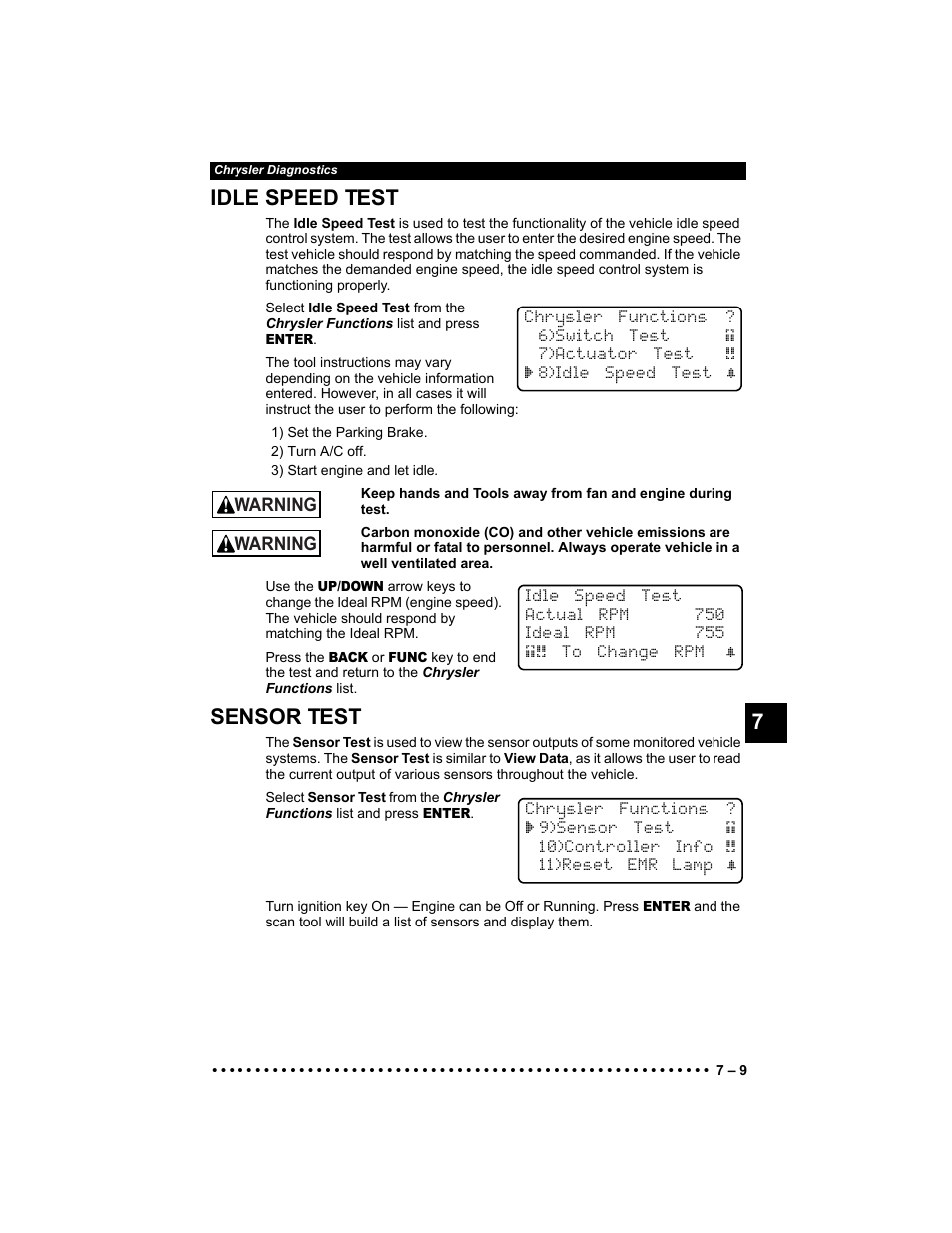 Idle speed test, Sensor test, 7idle speed test | Actron KAL9640B User Manual | Page 115 / 144