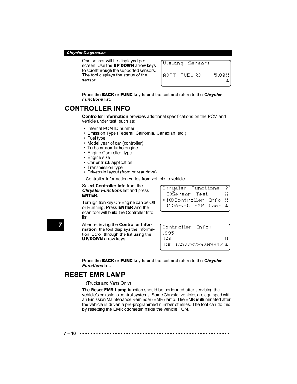 Controller info, Reset emr lamp | Actron KAL9640B User Manual | Page 116 / 144