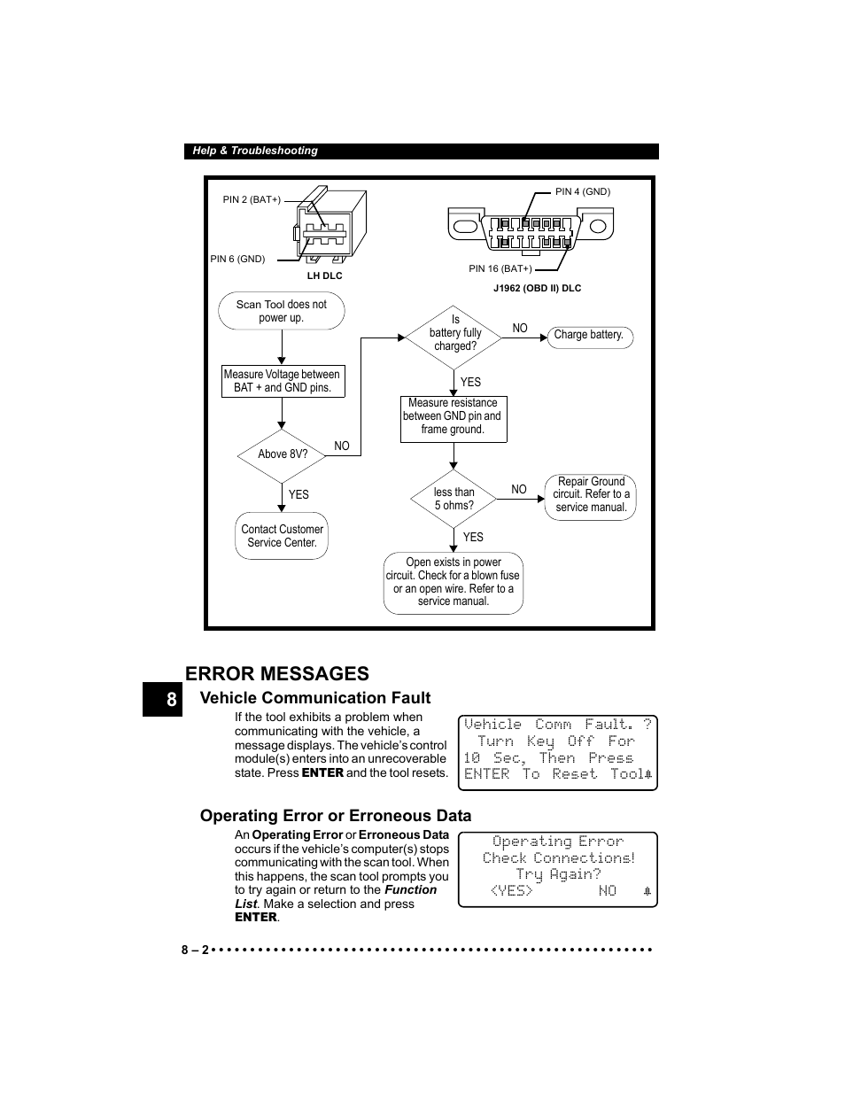 Error messages, Vehicle communication fault, Operating error or erroneous data | To “ error, 8error messages | Actron KAL9640B User Manual | Page 122 / 144