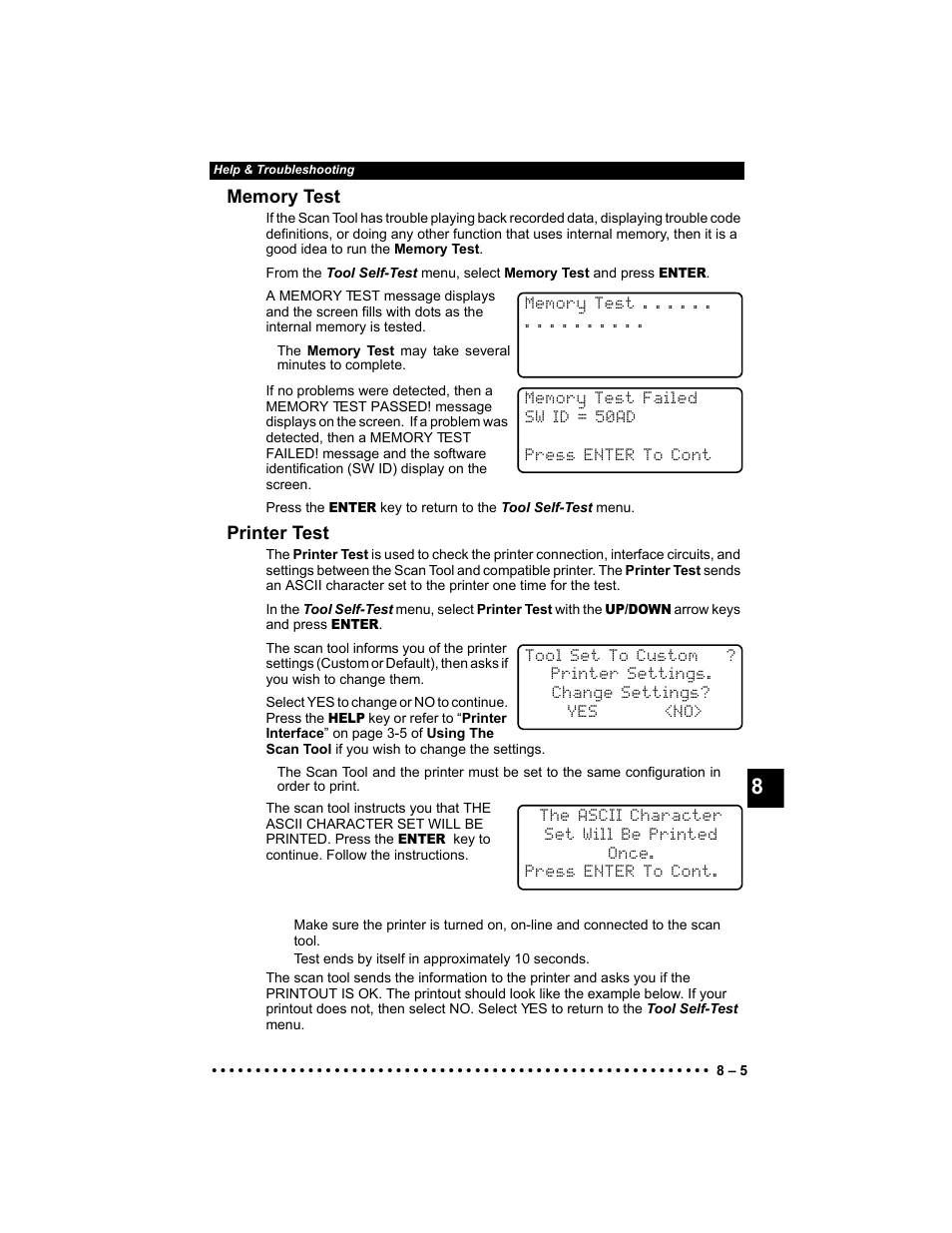 Memory test, Printer test | Actron KAL9640B User Manual | Page 125 / 144