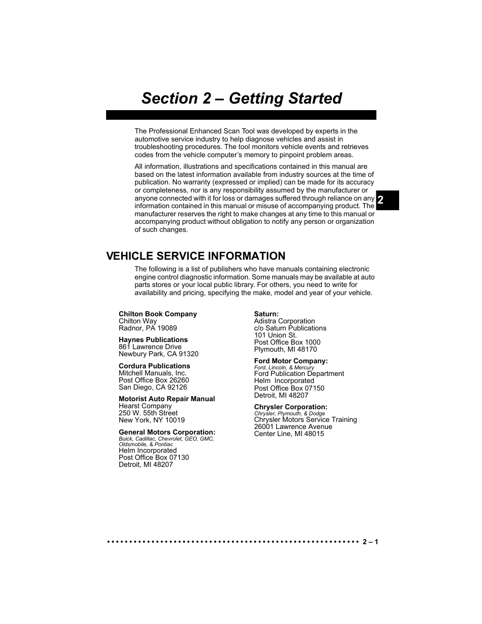 Section 2 - getting started, Vehicle service information | Actron KAL9640B User Manual | Page 15 / 144