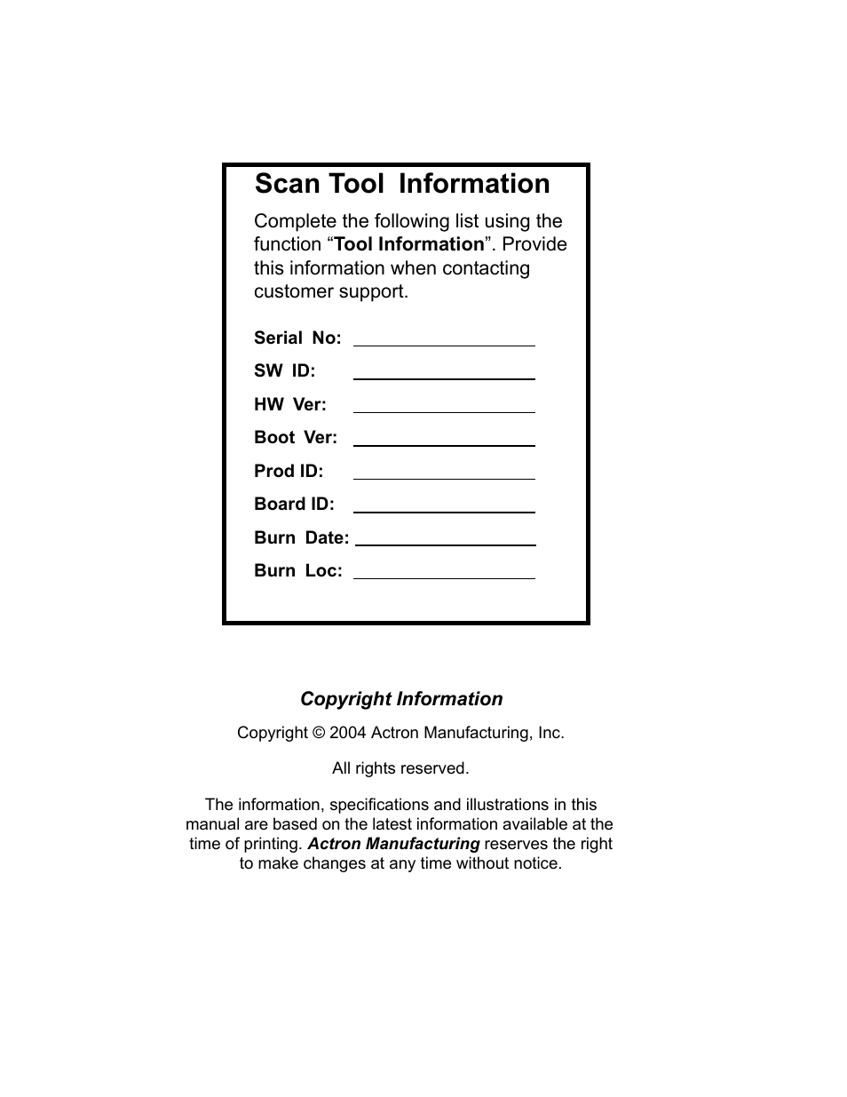 Scan tool information | Actron KAL9640B User Manual | Page 2 / 144