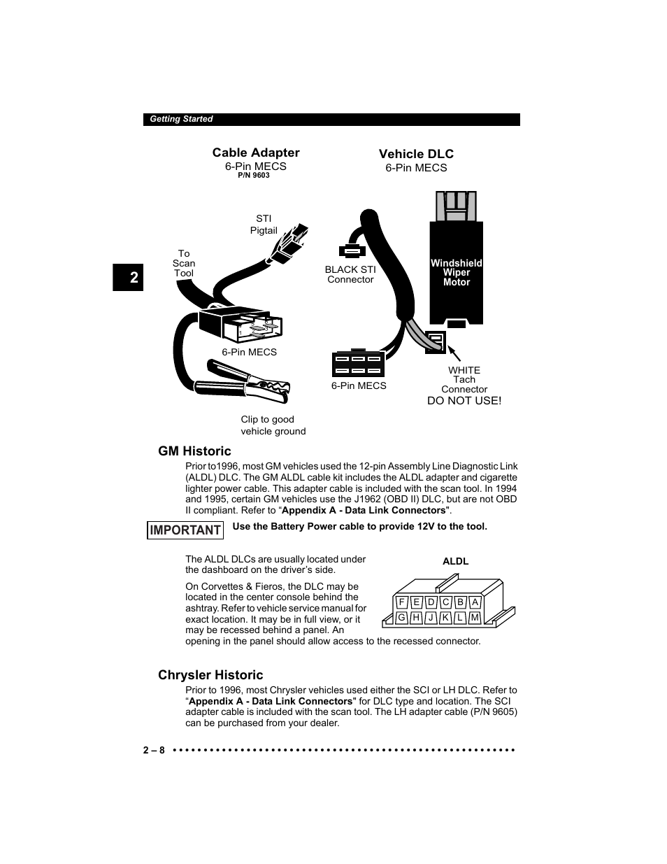 Gm historic, Chrysler historic, Important | Cable adapter, Vehicle dlc | Actron KAL9640B User Manual | Page 22 / 144