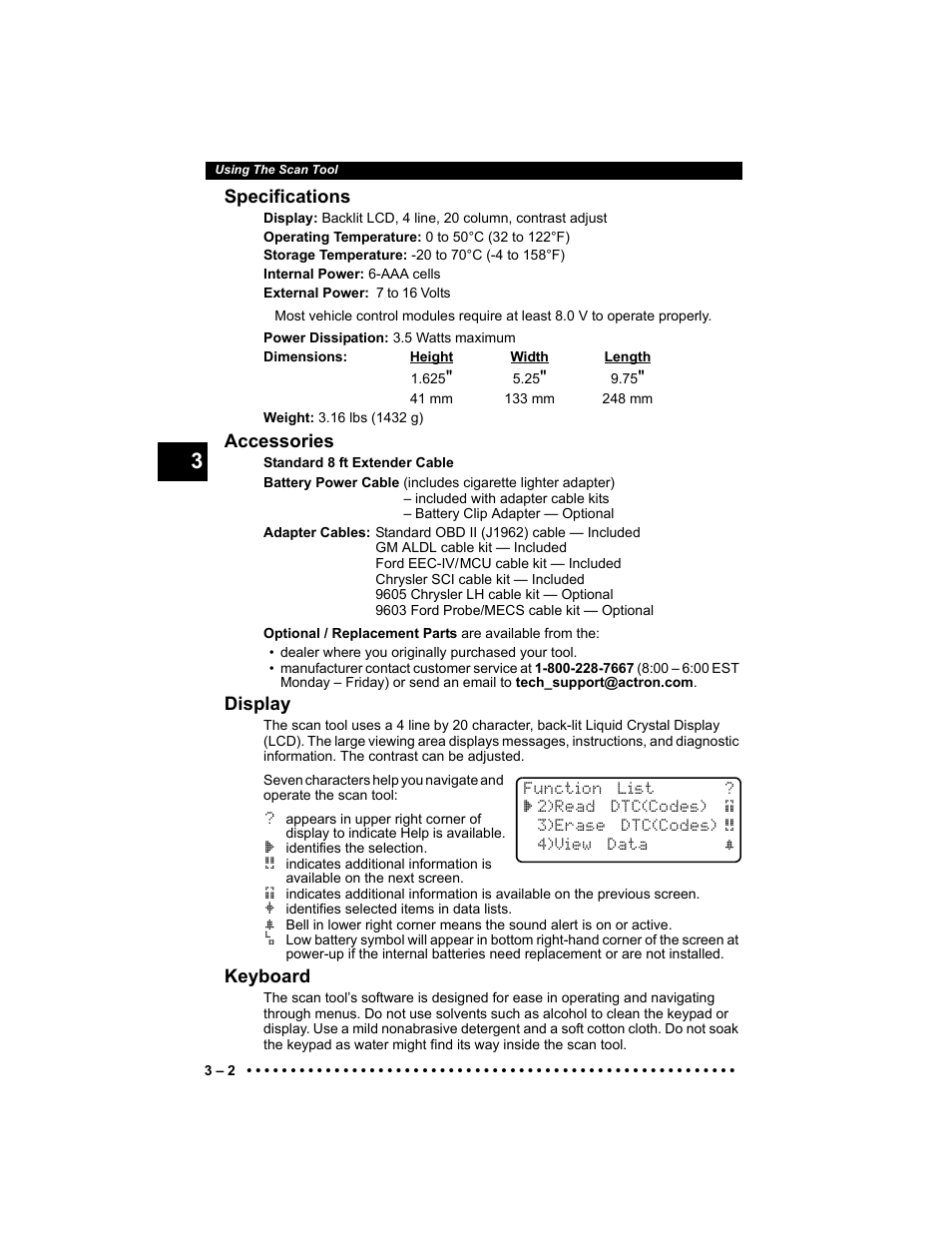 Specifications, Accessories, Display | Keyboard | Actron KAL9640B User Manual | Page 26 / 144