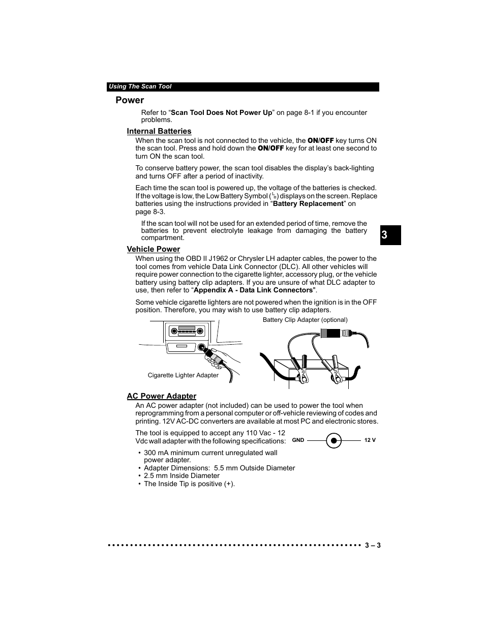 Power, Internal batteries, Vehicle power | Ac power adapter | Actron KAL9640B User Manual | Page 27 / 144