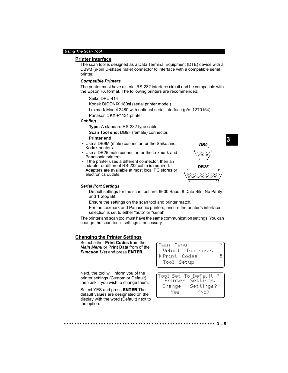 Printer interface, Changing the printer settings | Actron KAL9640B User Manual | Page 29 / 144