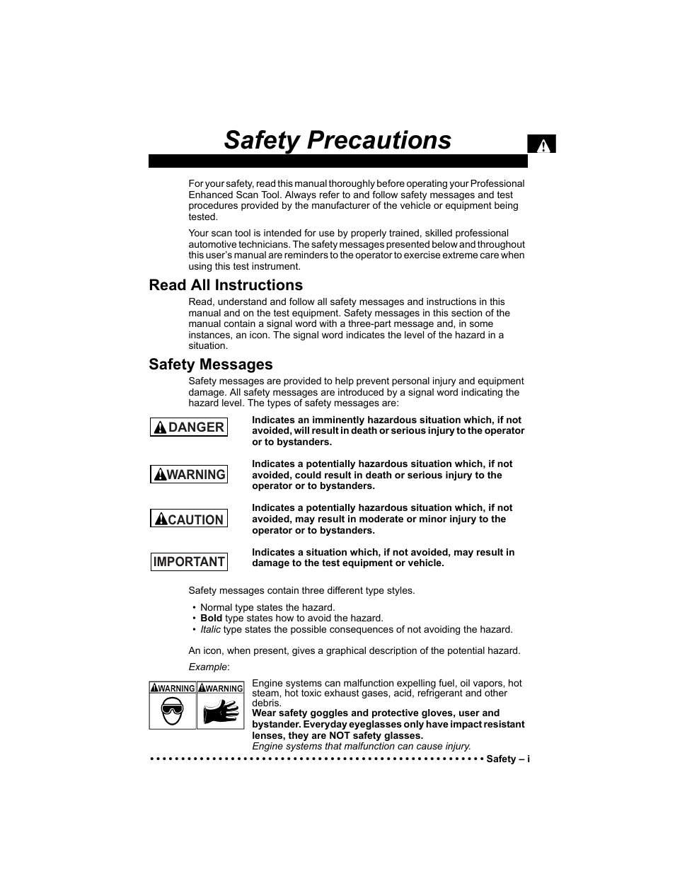 Safety precautions, Read all instructions, Safety messages | Actron KAL9640B User Manual | Page 3 / 144