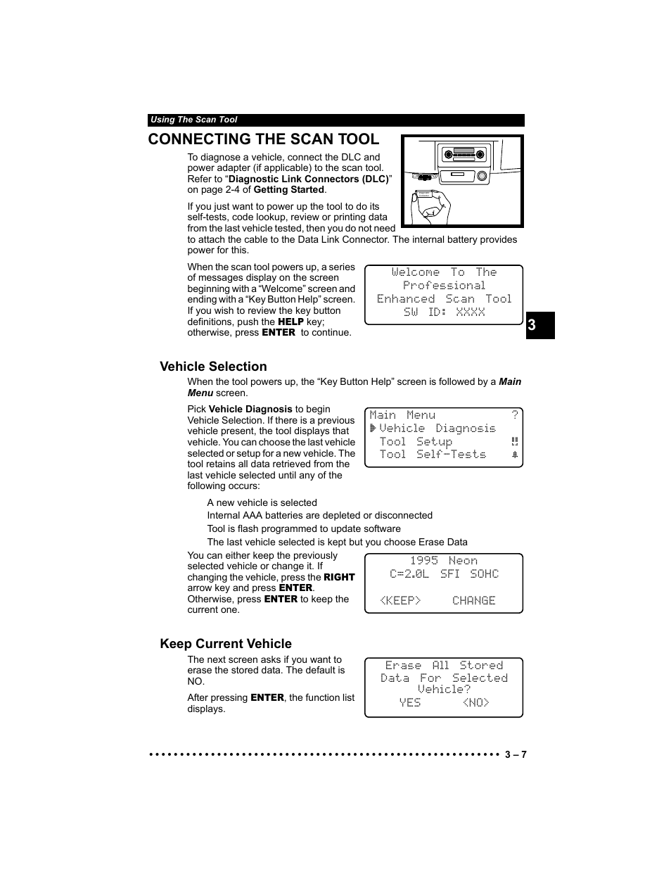 Connecting the scan tool, Vehicle selection, Keep current vehicle | 3connecting the scan tool | Actron KAL9640B User Manual | Page 31 / 144