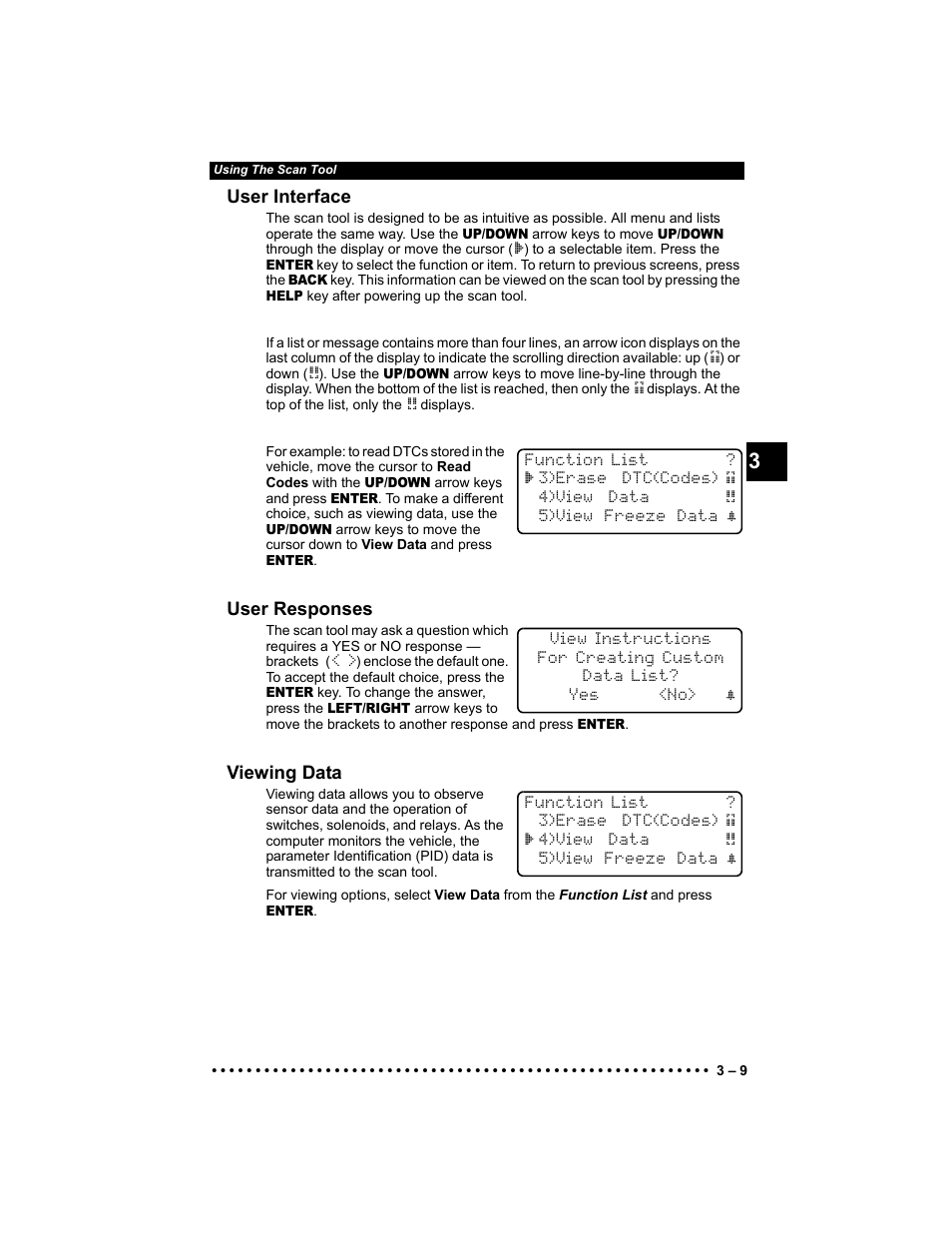 User interface, User responses, Viewing data | Actron KAL9640B User Manual | Page 33 / 144