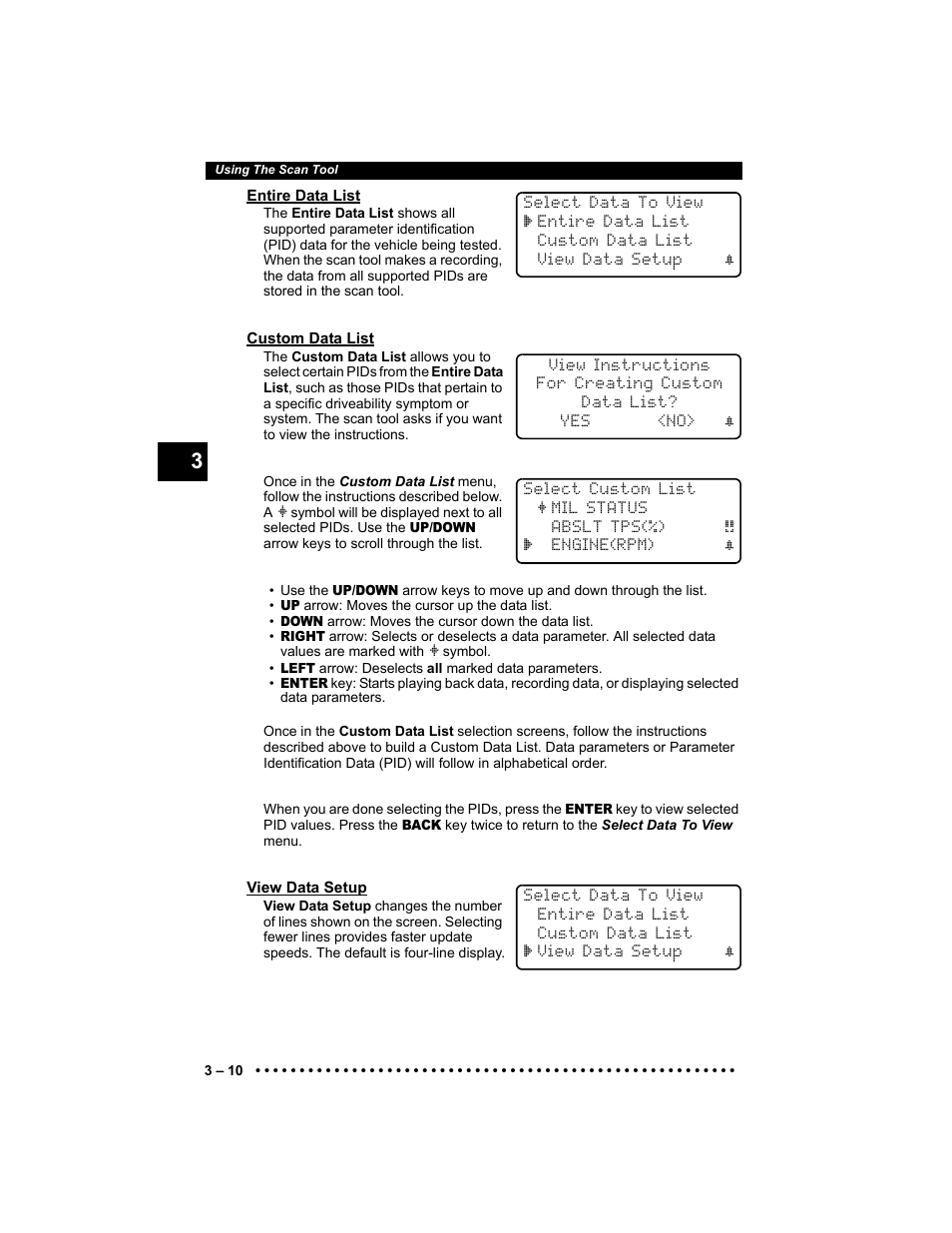 Entire data list, Custom data list, View data setup | Actron KAL9640B User Manual | Page 34 / 144