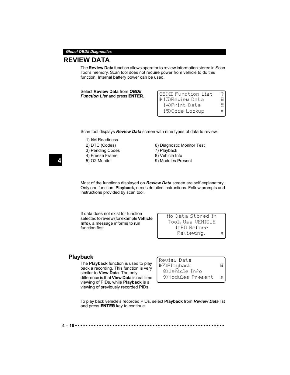 Review data, Playback, 4 4 review data | Actron KAL9640B User Manual | Page 50 / 144
