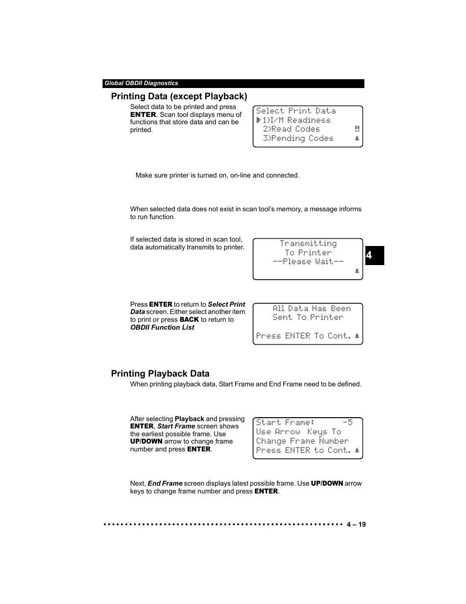 Printing data (except playback), Printing playback data | Actron KAL9640B User Manual | Page 53 / 144