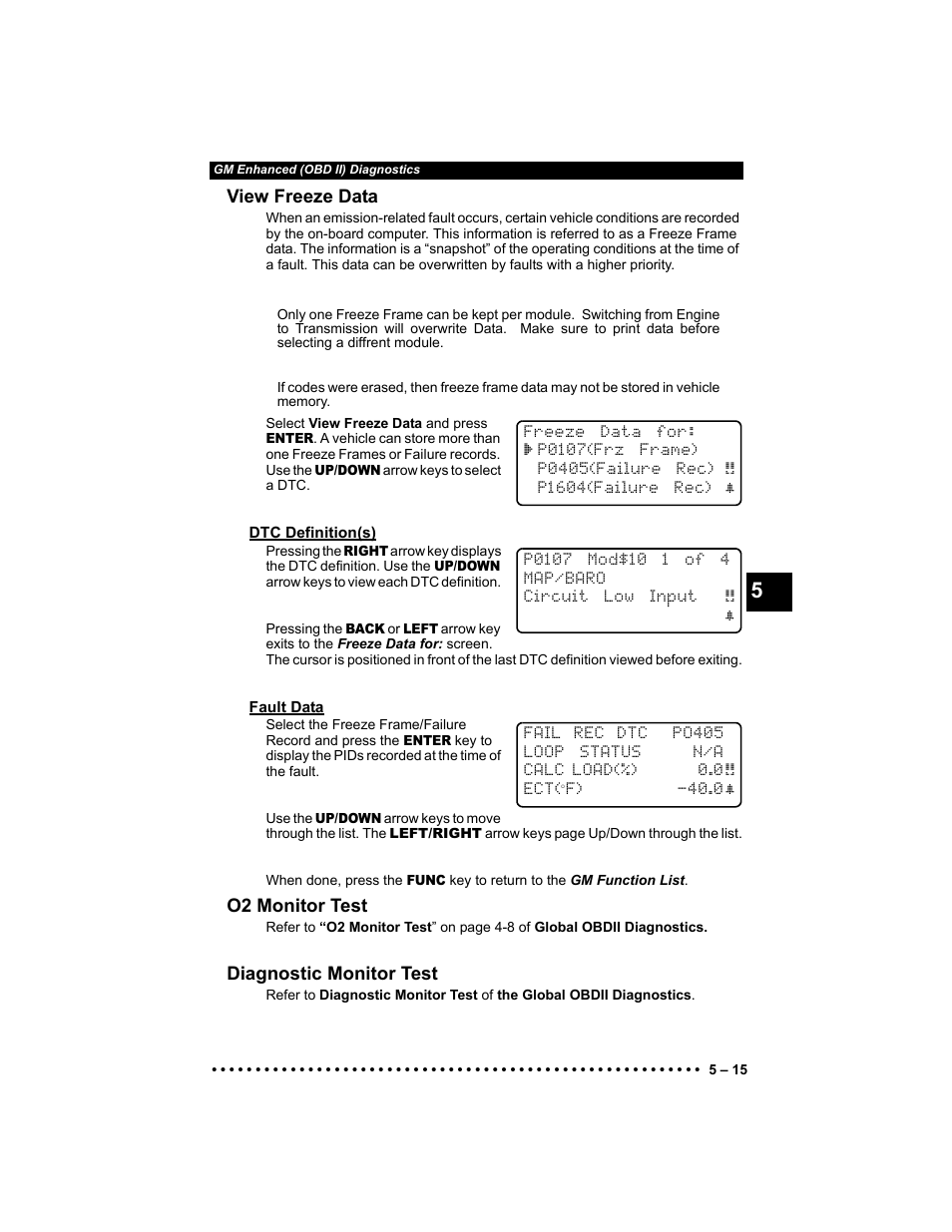 View freeze data, Dtc definition(s), Fault data | O2 monitor test, Diagnostic monitor test | Actron KAL9640B User Manual | Page 71 / 144