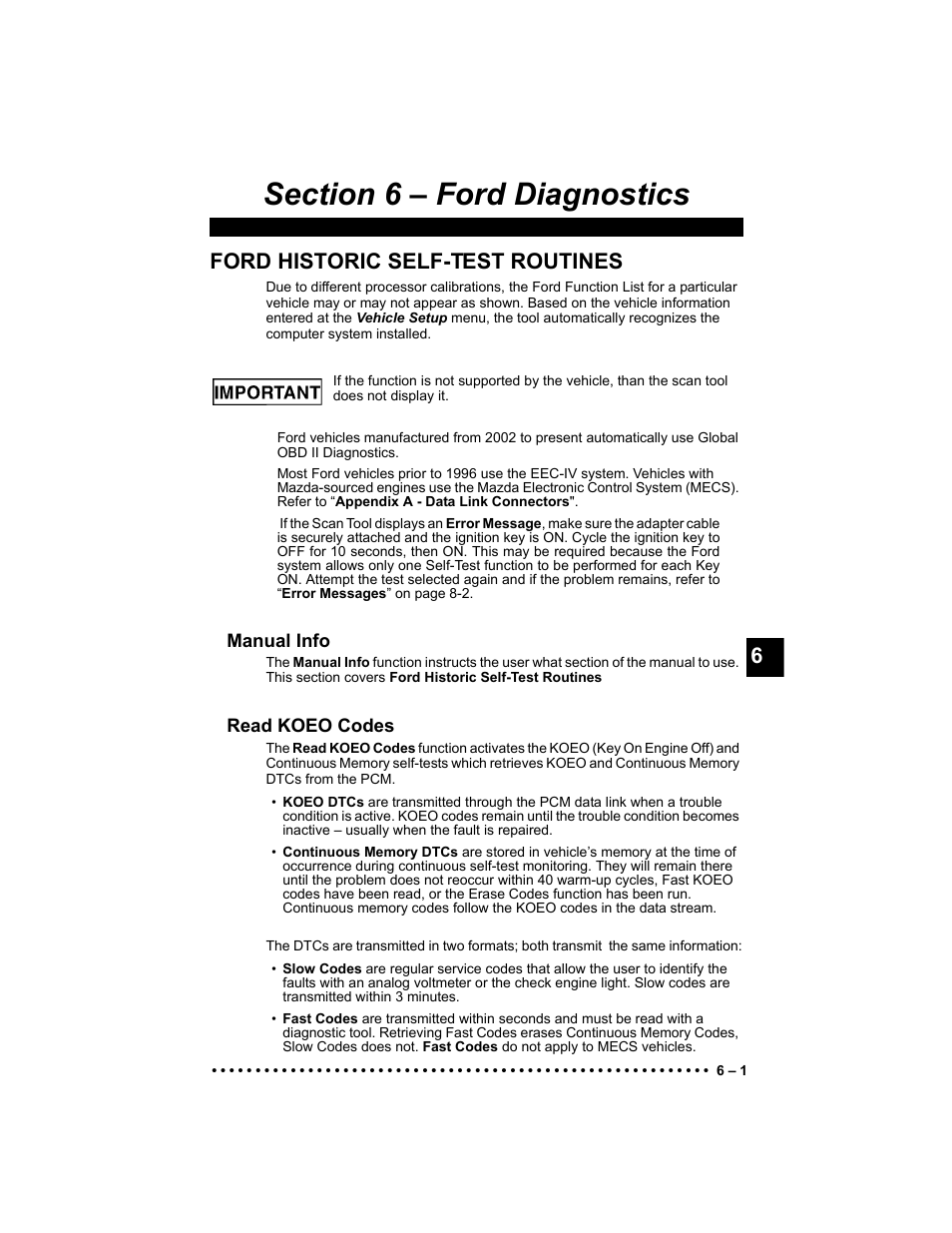 Section 6 - ford diagnostics, Ford historic self-test routines, Manual info | Read koeo codes | Actron KAL9640B User Manual | Page 75 / 144