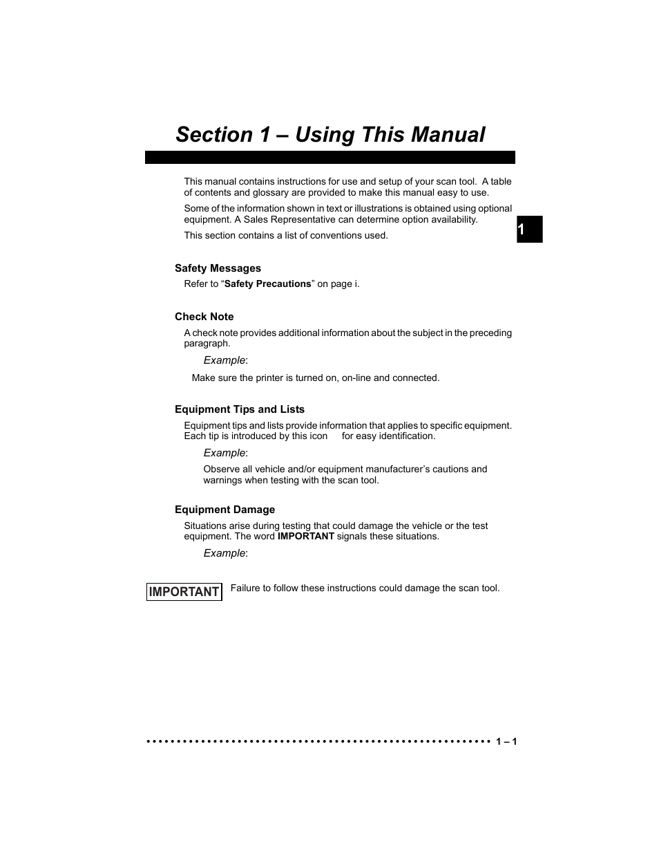 Section 1 - using this manual, Safety messages, Check note | Equipment tips and lists, Equipment damage | Actron KAL9640B User Manual | Page 9 / 144