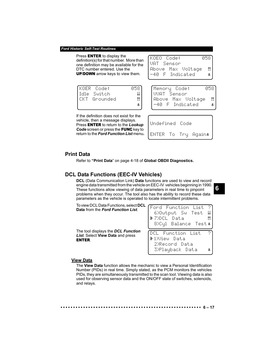 Print data, Dcl data functions (eec-iv vehicles), View data | Actron KAL9640B User Manual | Page 91 / 144