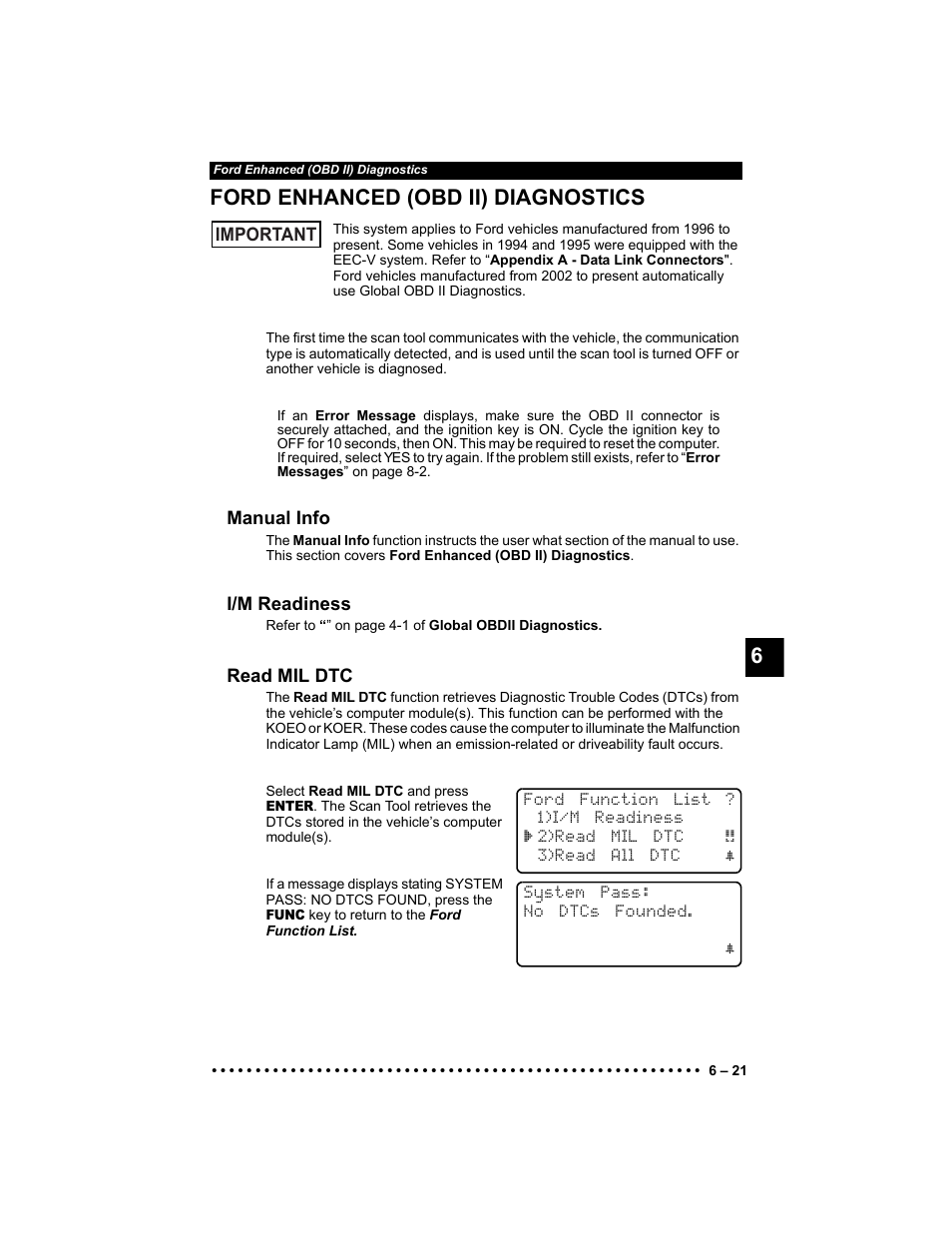 Ford enhanced (obd ii) diagnostics, Manual info, I/m readiness | Read mil dtc, 6ford enhanced (obd ii) diagnostics | Actron KAL9640B User Manual | Page 95 / 144