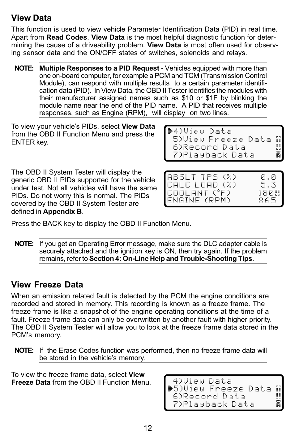 View data, View freeze data | Actron KAL9615 User Manual | Page 12 / 48