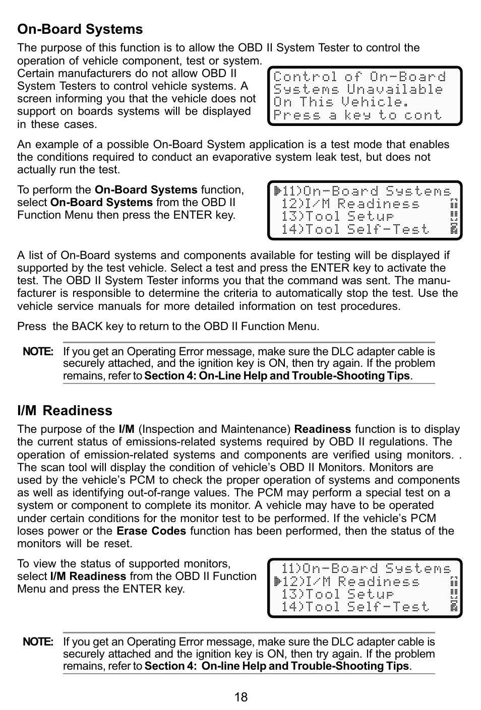 On-board systems, I/m readiness | Actron KAL9615 User Manual | Page 18 / 48