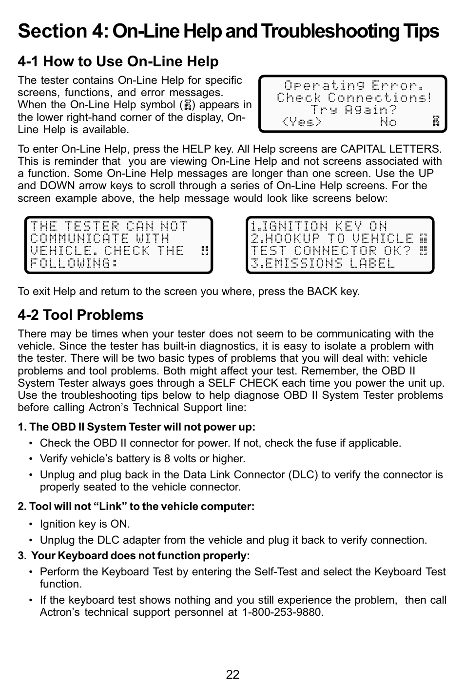 Section 4:on-line help and troubleshooting tips, 1 how to use on-line help, 2 tool problems | Actron KAL9615 User Manual | Page 22 / 48