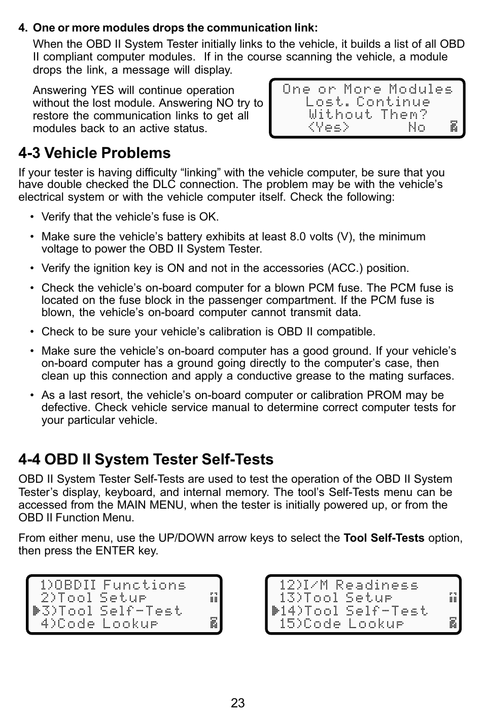 3 vehicle problems, 4 obd ii system tester self-tests | Actron KAL9615 User Manual | Page 23 / 48