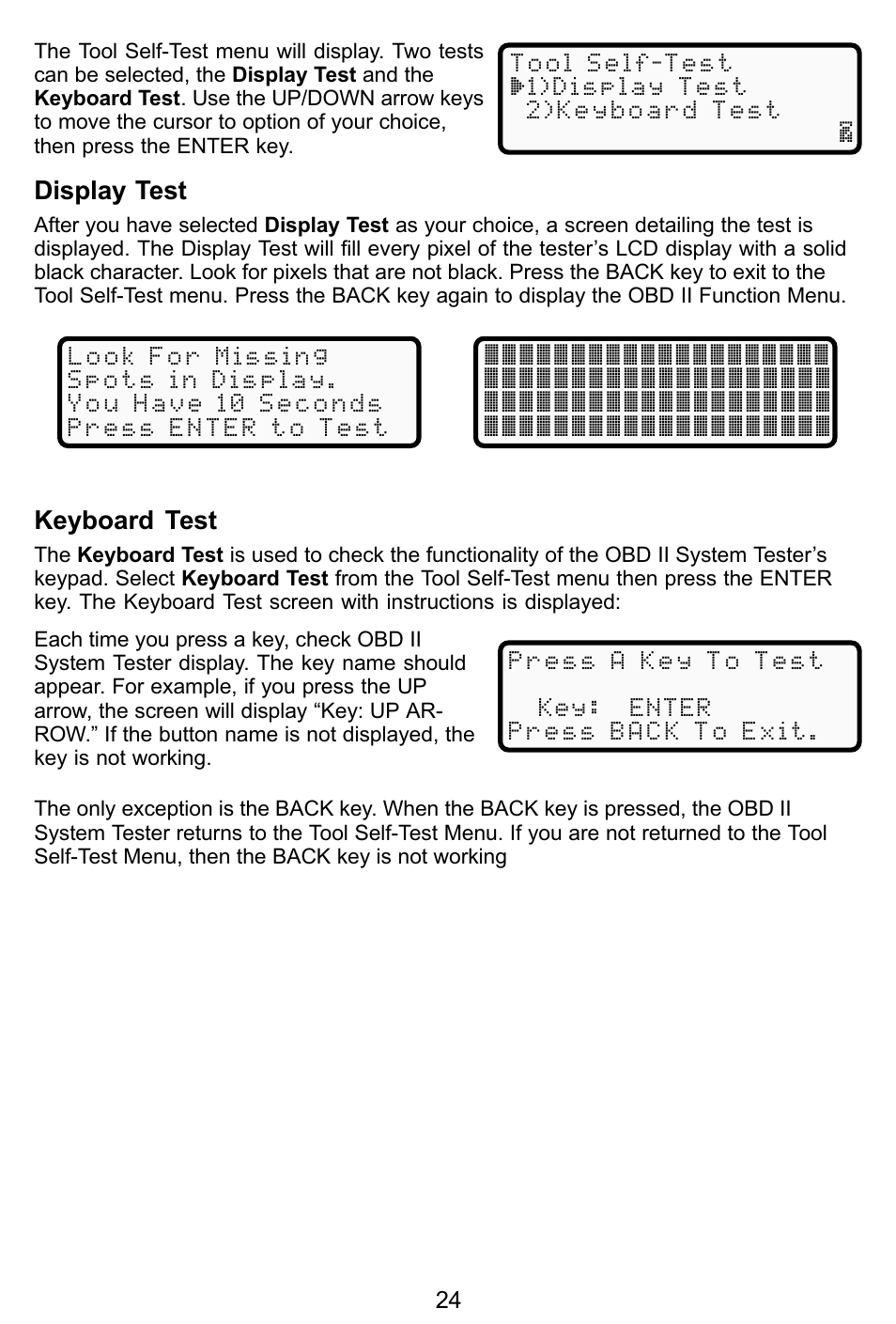 Display test, Keyboard test | Actron KAL9615 User Manual | Page 24 / 48