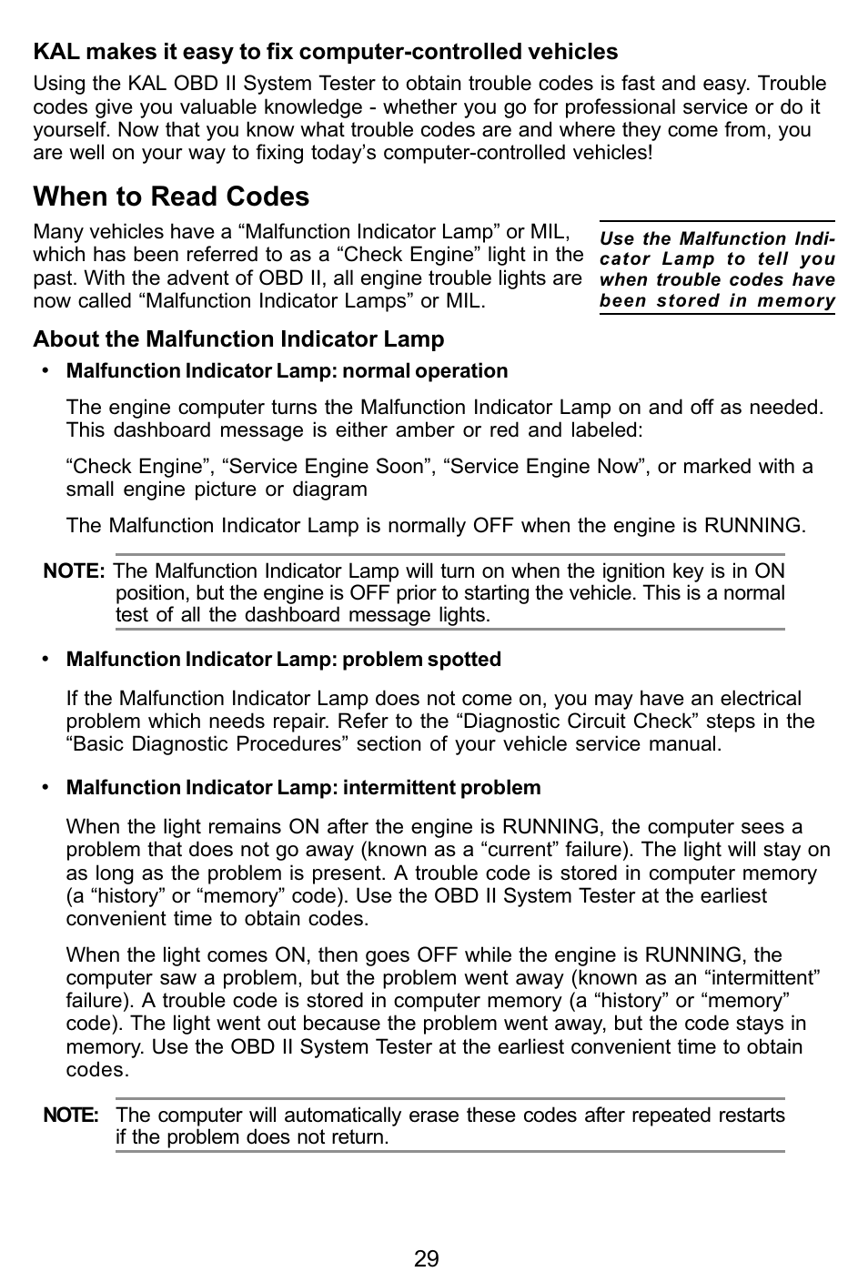 When to read codes | Actron KAL9615 User Manual | Page 29 / 48
