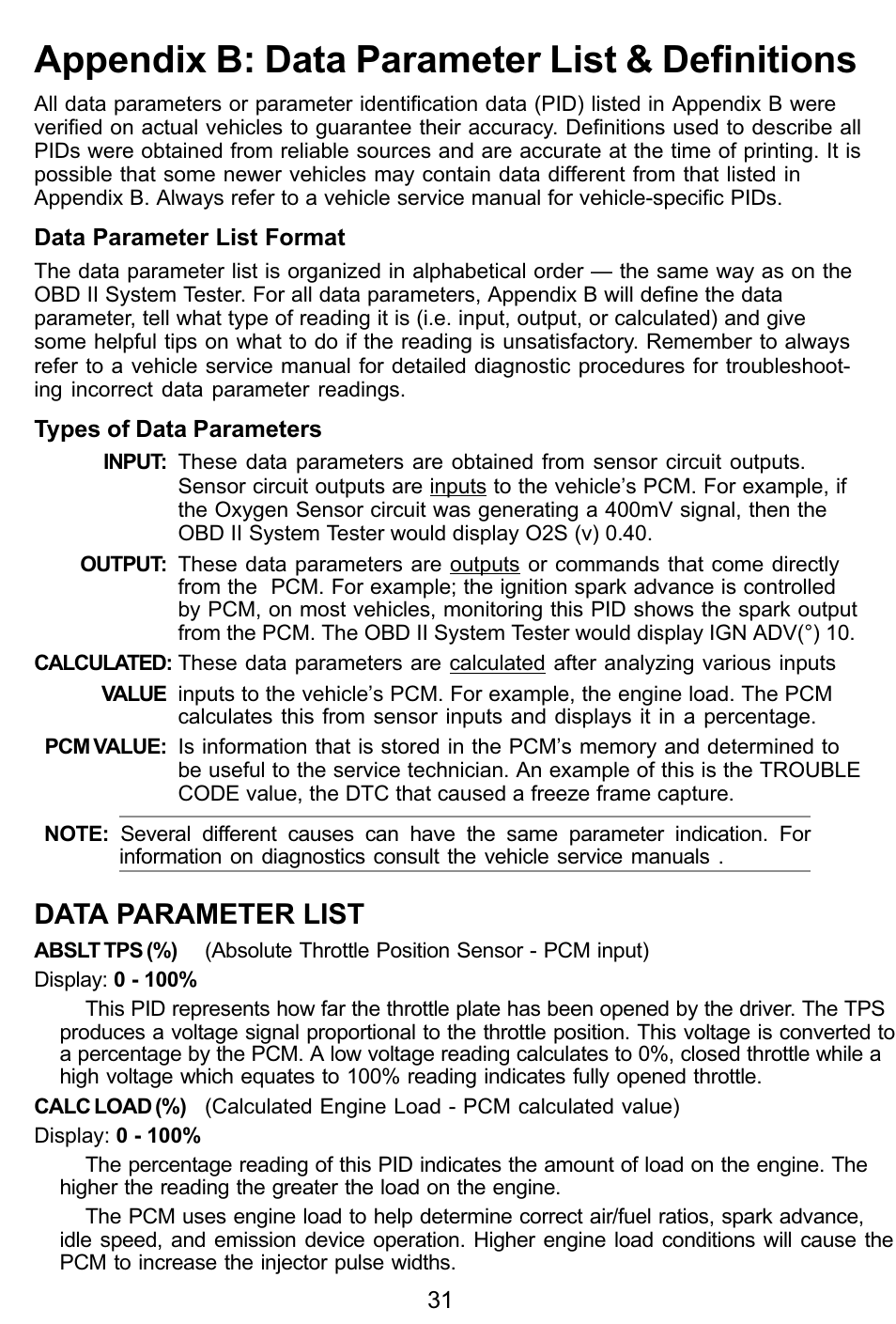 Appendix b: data parameter list & definitions, Data parameter list | Actron KAL9615 User Manual | Page 31 / 48