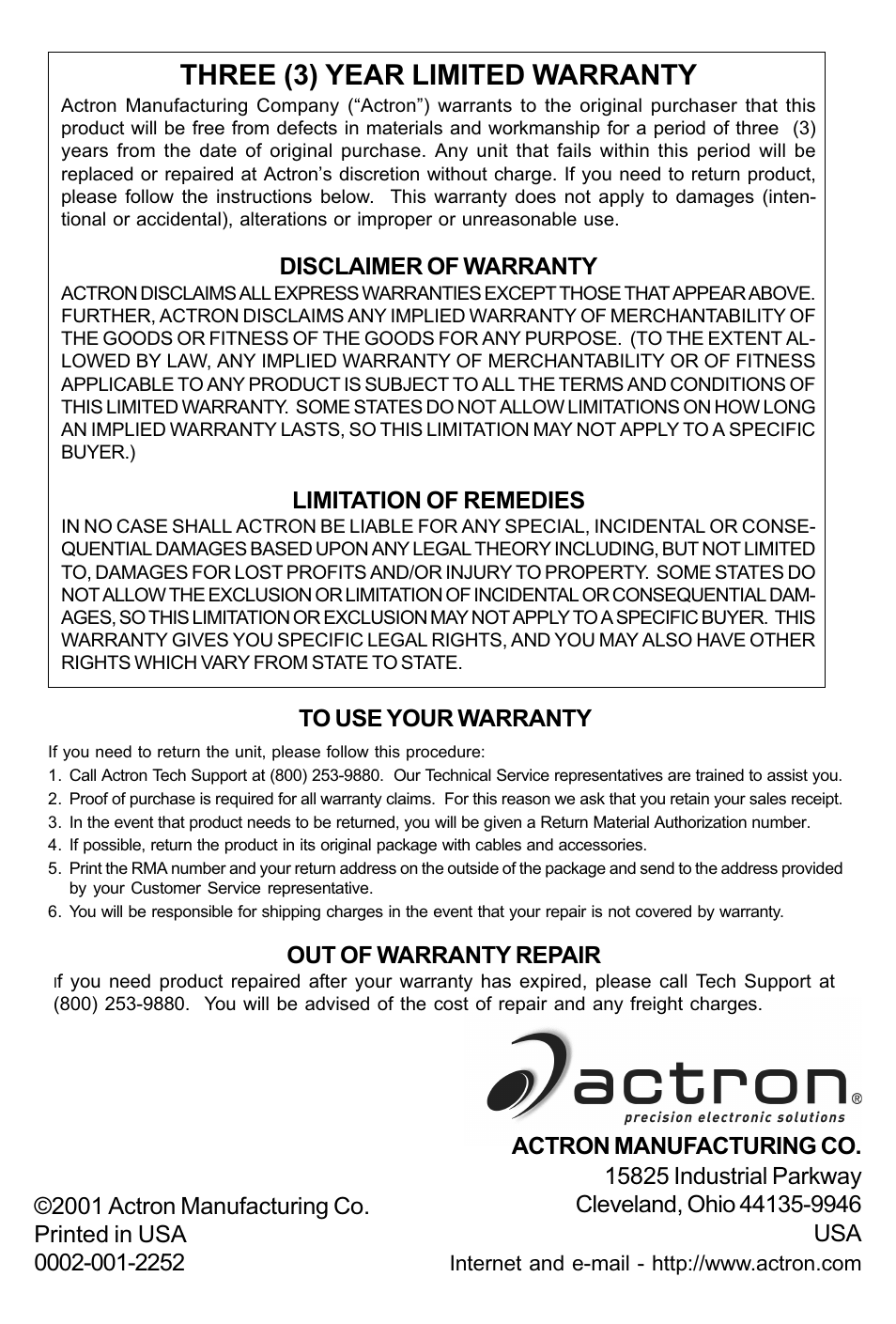 Three (3) year limited warranty, Disclaimer of warranty, Limitation of remedies | Out of warranty repair | Actron KAL9615 User Manual | Page 48 / 48