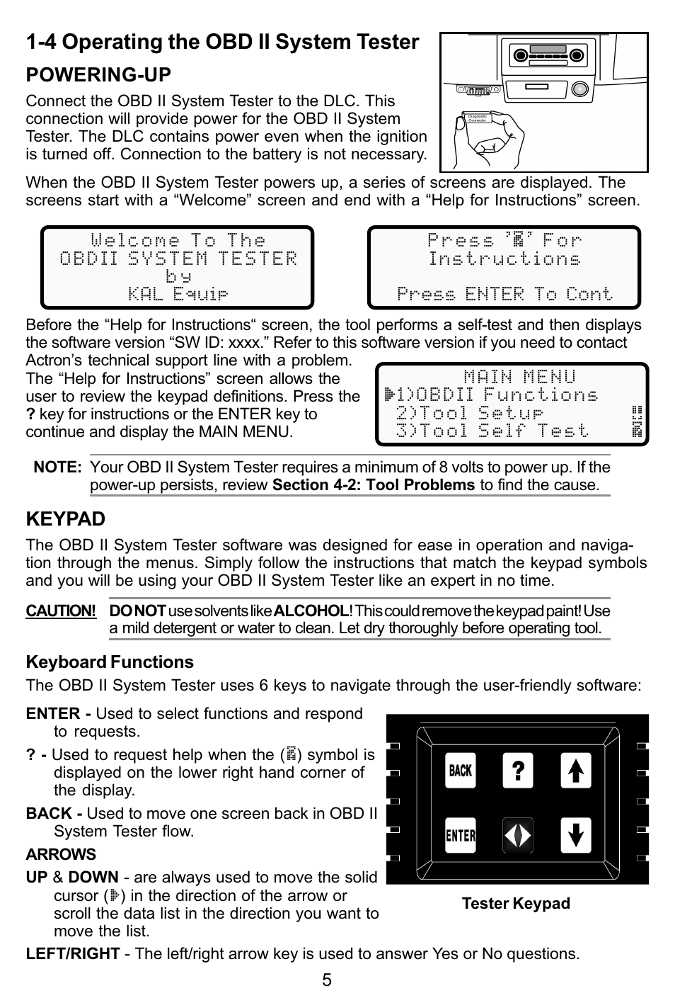 4 operating the obd ii system tester, Powering-up, Keypad | Actron KAL9615 User Manual | Page 5 / 48