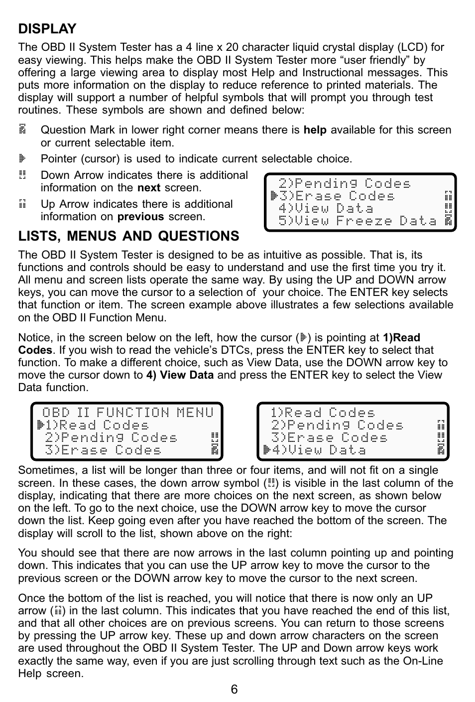 Display, Lists, menus and questions | Actron KAL9615 User Manual | Page 6 / 48