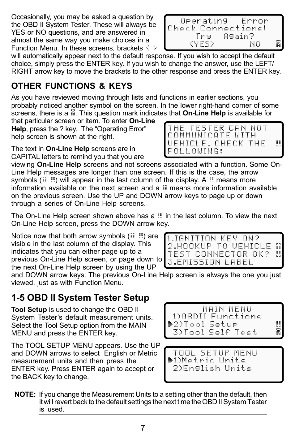 5 obd ii system tester setup, Other functions & keys | Actron KAL9615 User Manual | Page 7 / 48