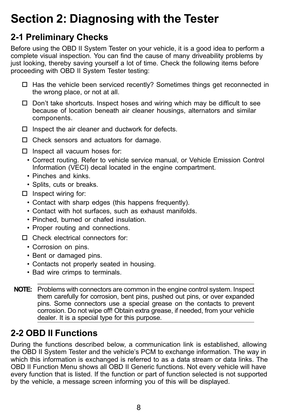 Section 2: diagnosing with the tester, 1 preliminary checks, 2 obd ii functions | Actron KAL9615 User Manual | Page 8 / 48