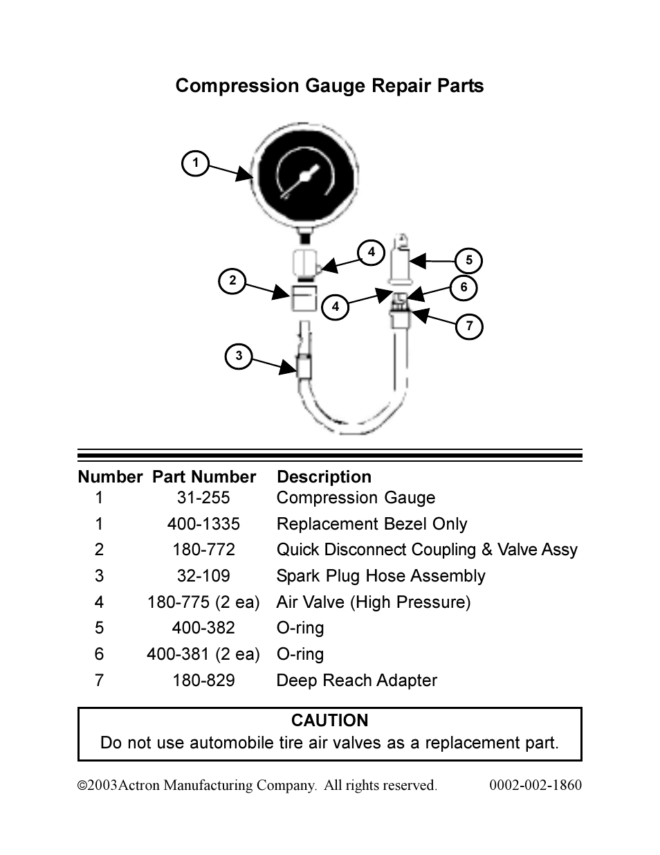 Compression gauge repair parts | Actron KAL2504 User Manual | Page 4 / 4
