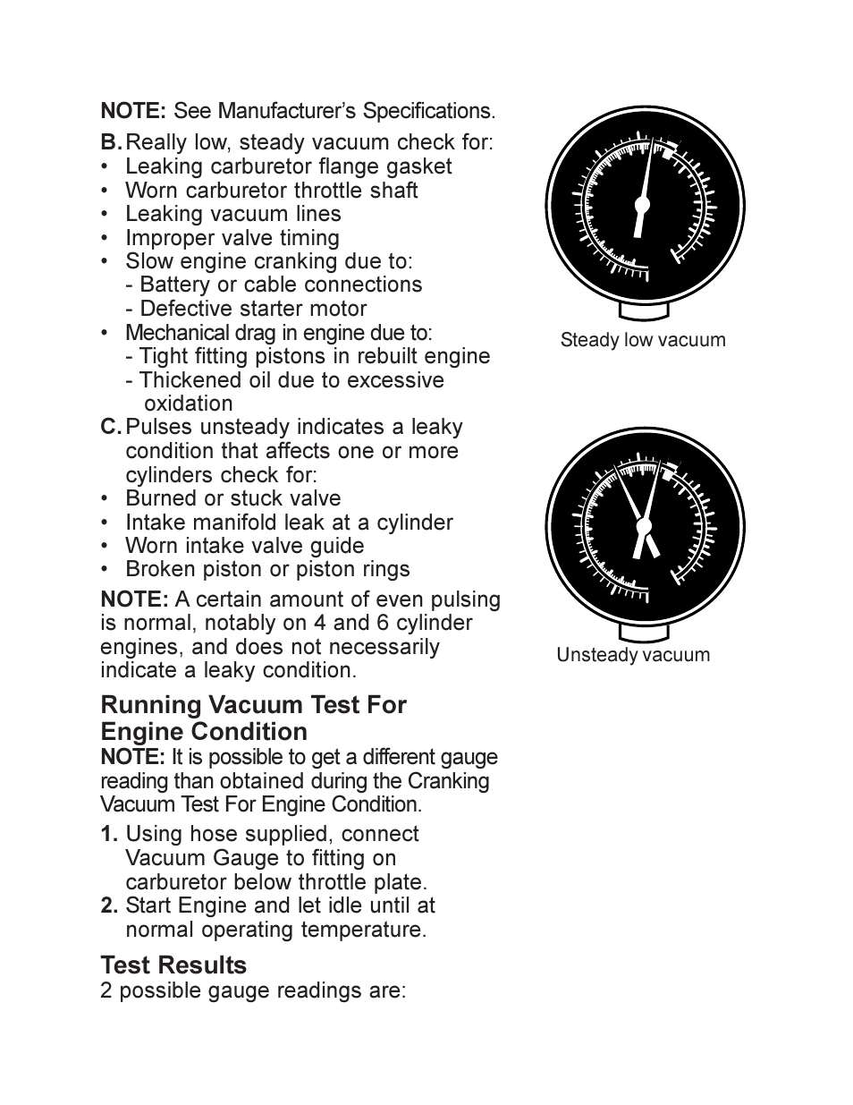 Running vacuum test for engine condition, Test results, 2 possible gauge readings are | Steady low vacuum unsteady vacuum | Actron KAL2512 User Manual | Page 2 / 4