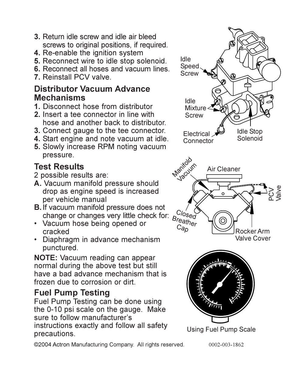 Distributor vacuum advance mechanisms, Test results, Fuel pump testing | Actron KAL2512 User Manual | Page 4 / 4