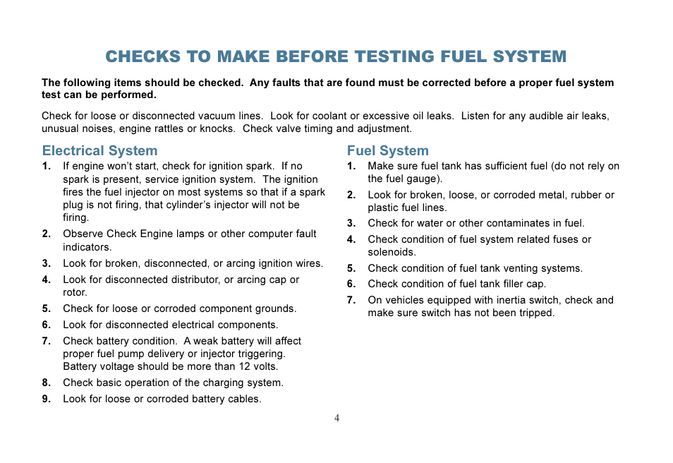 Checks to make before testing fuel system, Electrical system, Fuel system | Actron KAL2535 User Manual | Page 5 / 22