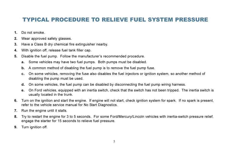 Typical procedure to relieve fuel system pressure | Actron KAL2535 User Manual | Page 6 / 22