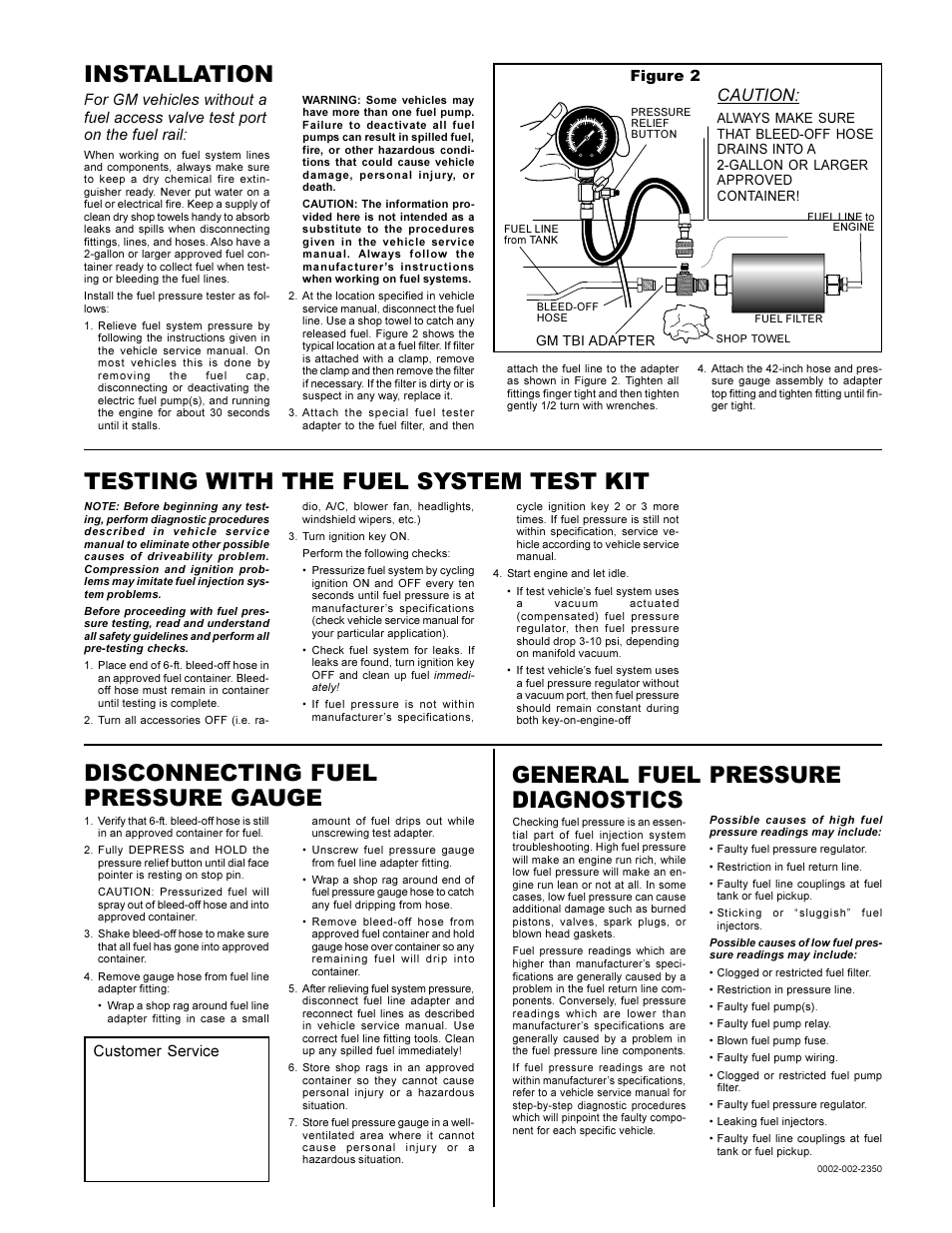 Installation testing with the fuel system test kit, Disconnecting fuel pressure gauge, General fuel pressure diagnostics | Caution, Figure 2, Customer service | Actron KM2529 User Manual | Page 2 / 2