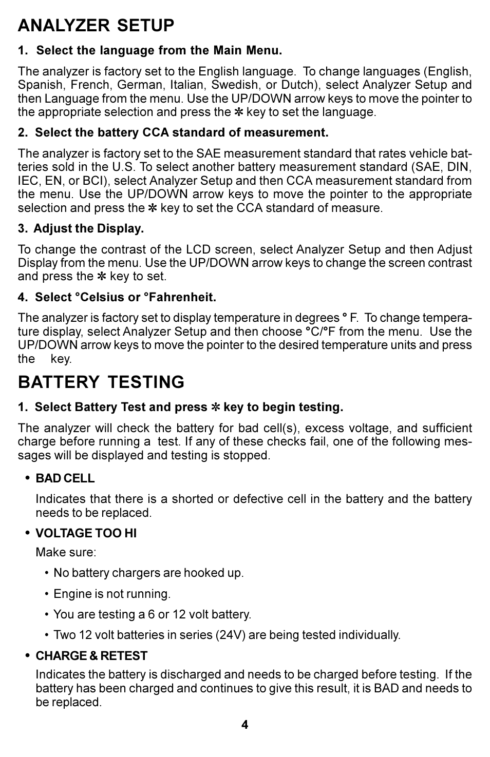 Analyzer setup, Battery testing | Actron KAL8600 User Manual | Page 4 / 8