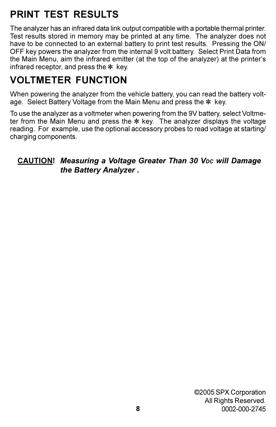 Print test results, Voltmeter function | Actron KAL8600 User Manual | Page 8 / 8