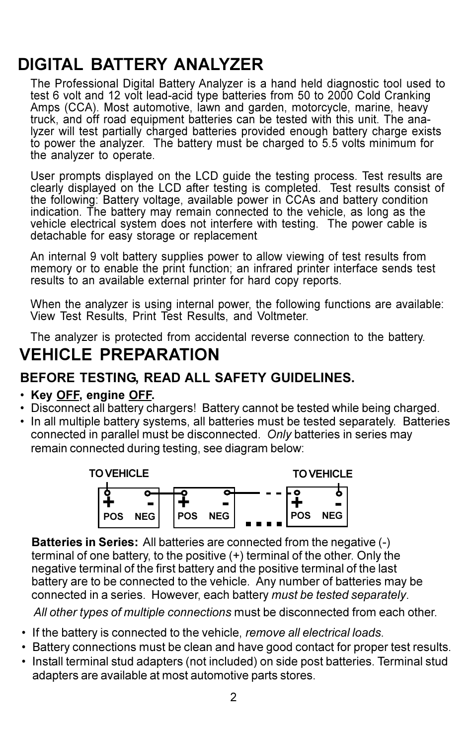 Digital battery analyzer, Vehicle preparation | Actron KAL8500 User Manual | Page 2 / 8