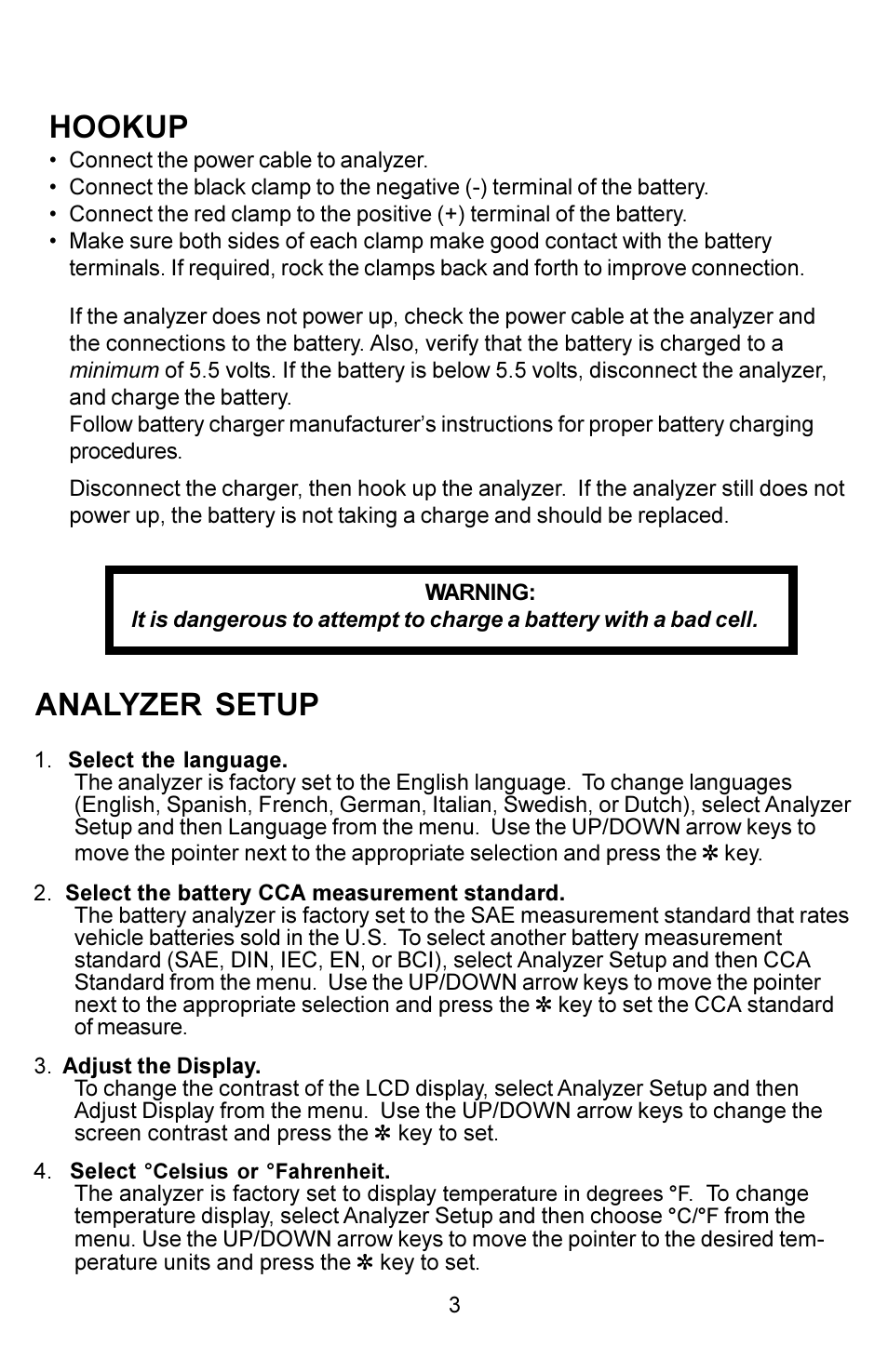 Hookup, Analyzer setup | Actron KAL8500 User Manual | Page 3 / 8