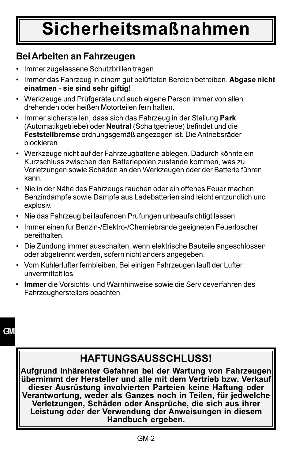 Sicherheitsmaßnahmen, Haftungsausschluss, Bei arbeiten an fahrzeugen | Actron KAL8300 User Manual | Page 32 / 40