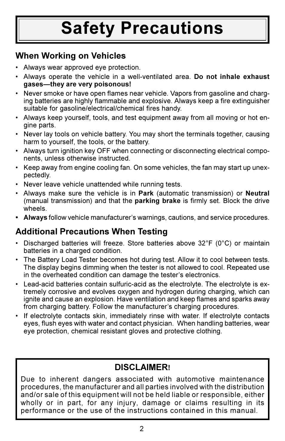 Safety precautions, When working on vehicles, Additional precautions when testing | Disclaimer | Actron KAL4780 User Manual | Page 2 / 8